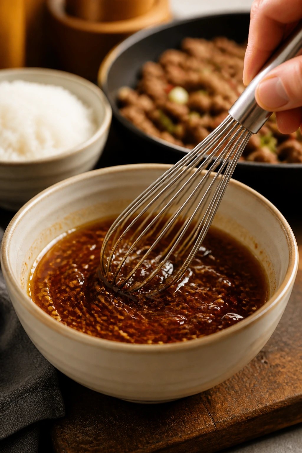 Whisk mixing sesame sauce in a bowl with rice in background