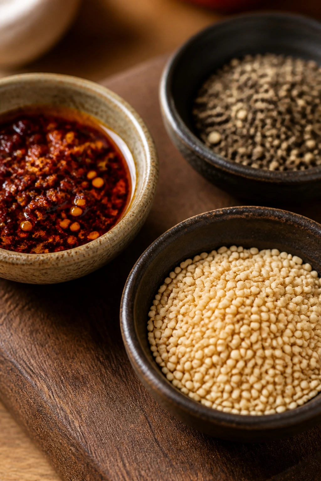 Assorted flavor boosters like sesame seeds and chili oil in small dishes.