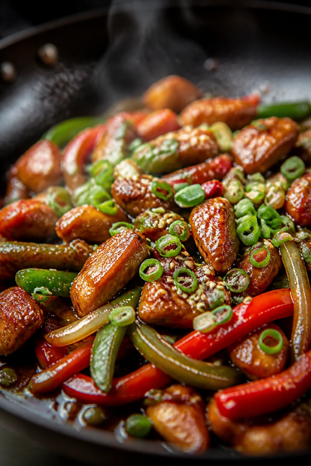 Stir-fry with sesame seeds and scallions in a pan
