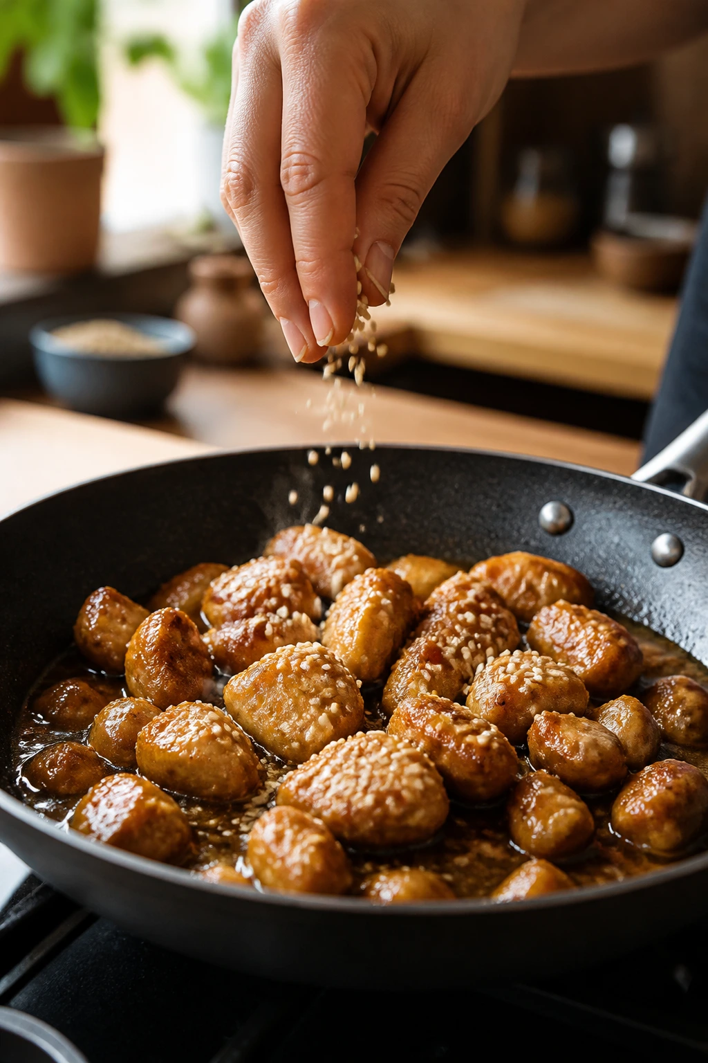 Close-up of sesame seeds being sprinkled into a hot skillet with chicken