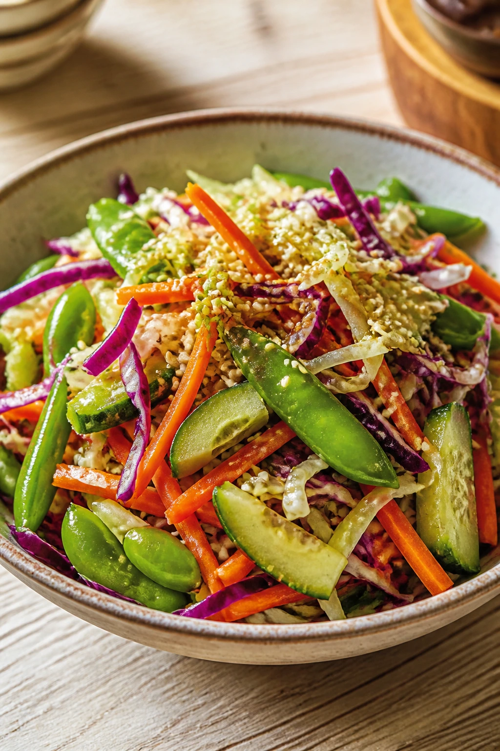 Colorful sesame snap bowl with cabbage, peas, carrots, and cucumber