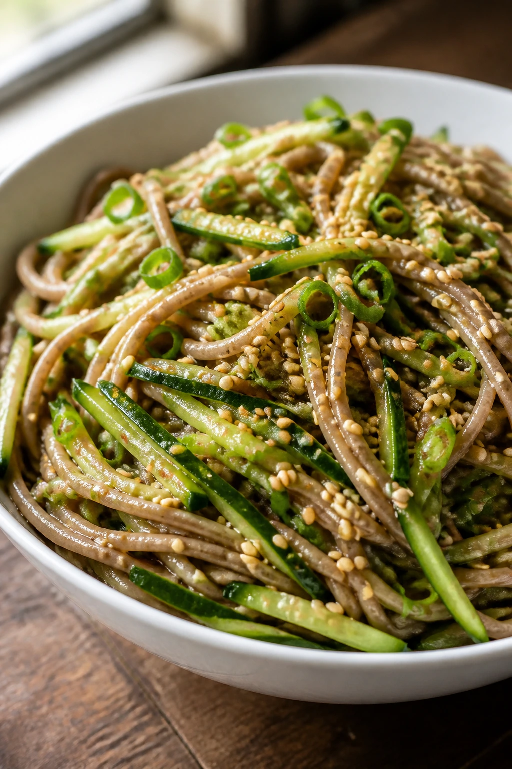 Close-up of sesame soba noodles with cucumber in a bowl, lunchbox-ready.