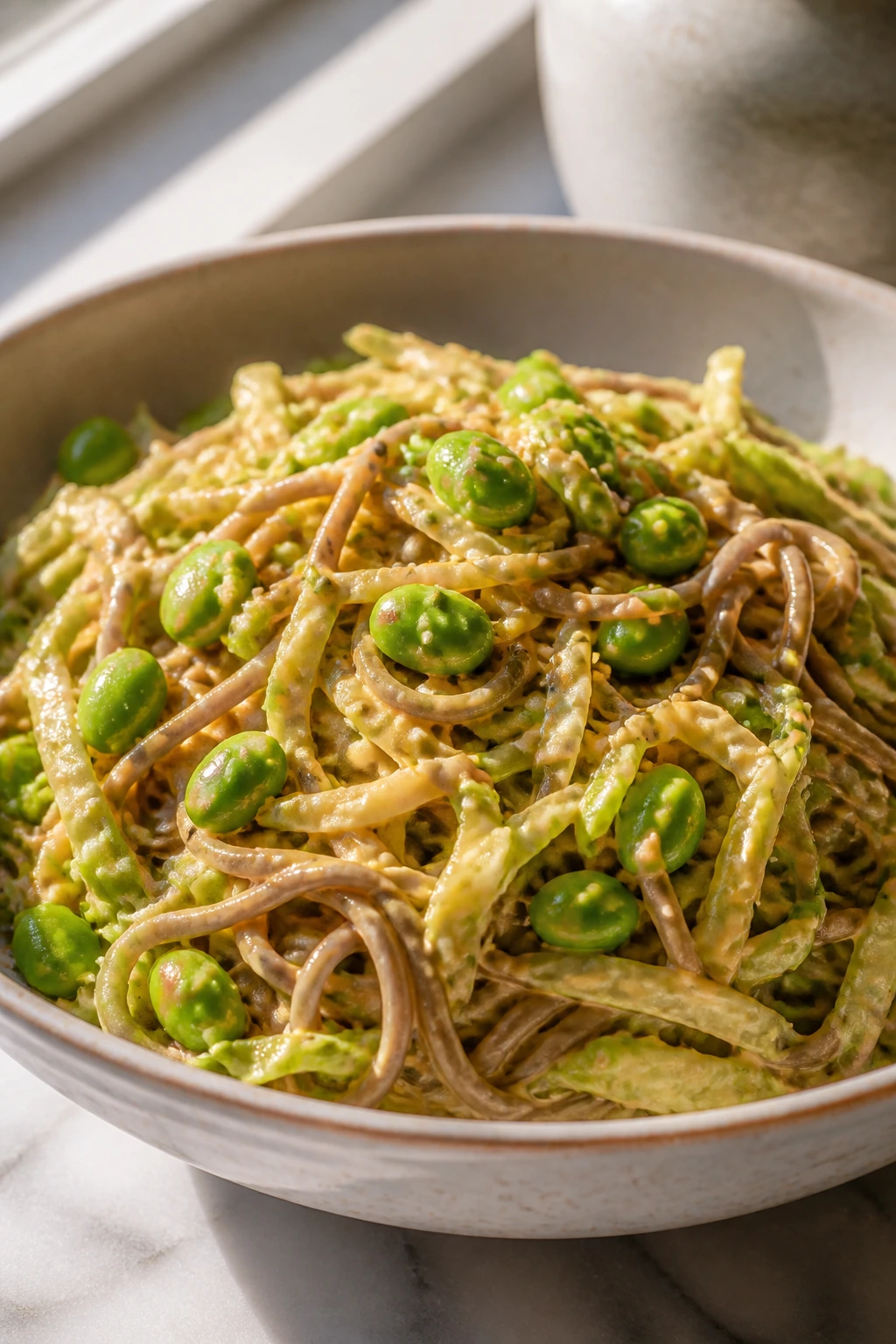 Close-up of sesame soba with edamame and cabbage in bowl.