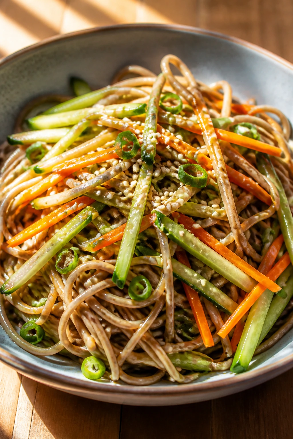 Sesame soba noodle salad with cucumber and carrot in a bowl