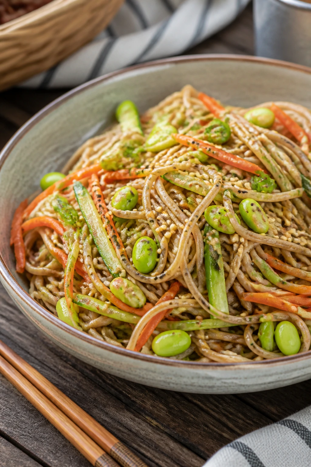 Close-up of sesame soba noodle salad in a wooden bowl
