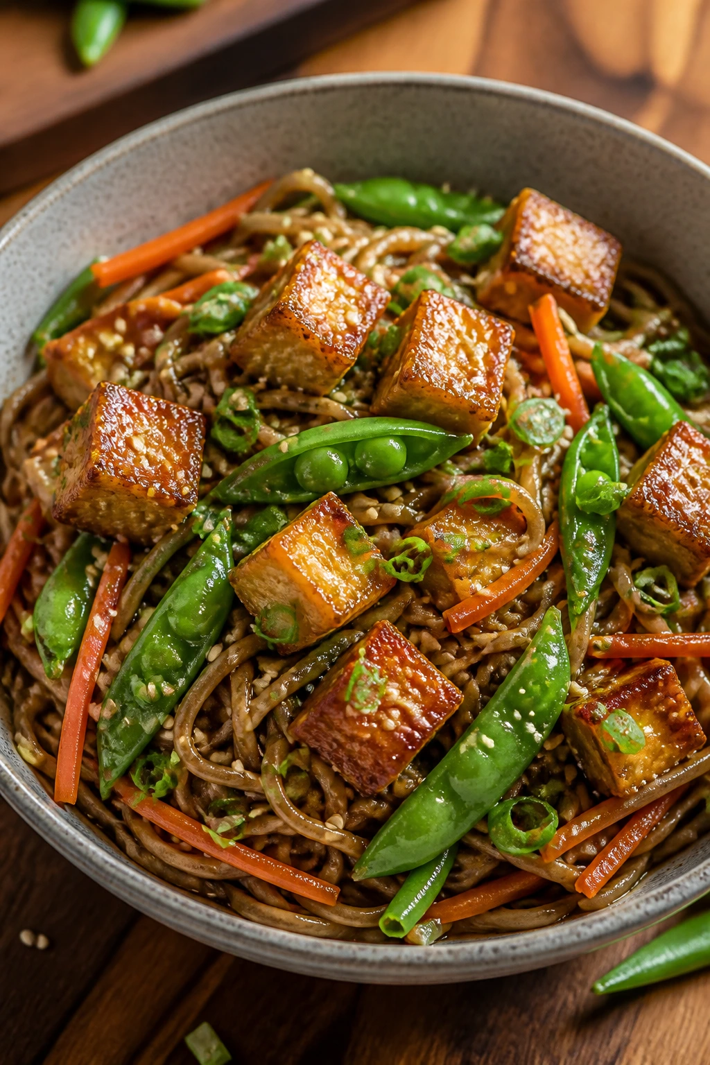 Bowl of sesame soba with crispy tofu and snap peas