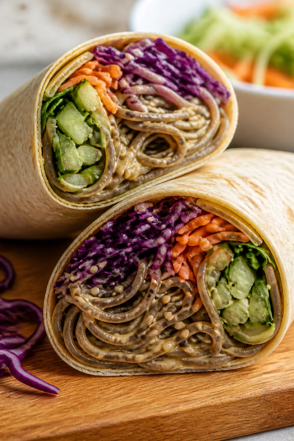 Close-up of sesame soba veggie wrap filling