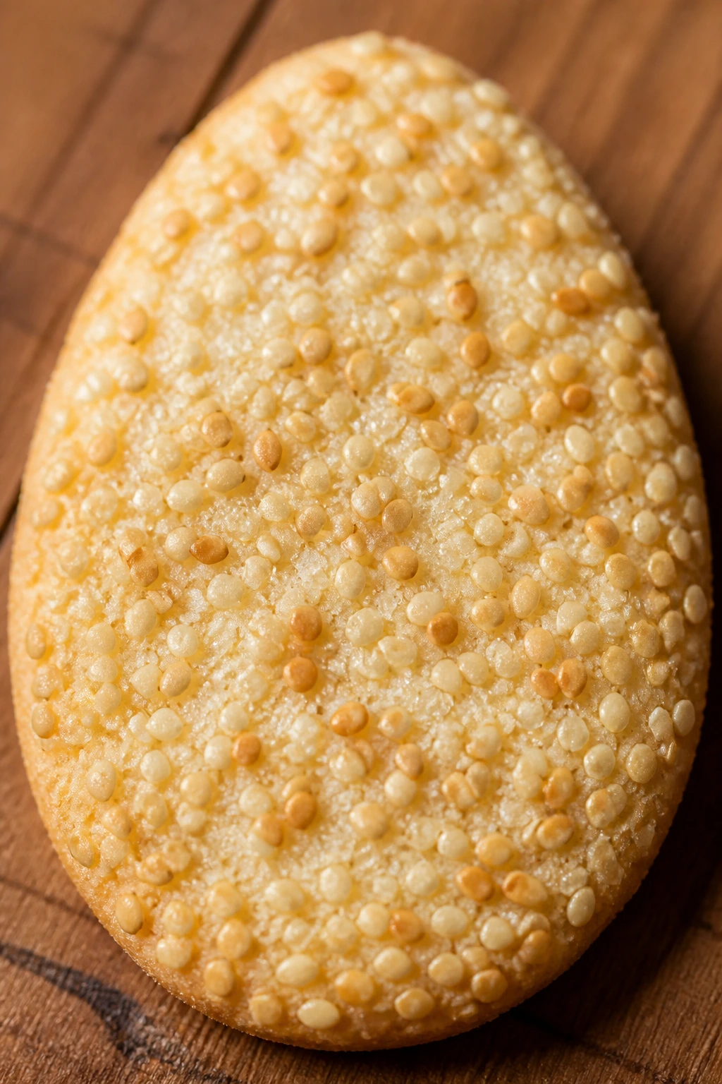 Close-up of sesame sugar Easter egg cookie with sesame seeds on wooden board
