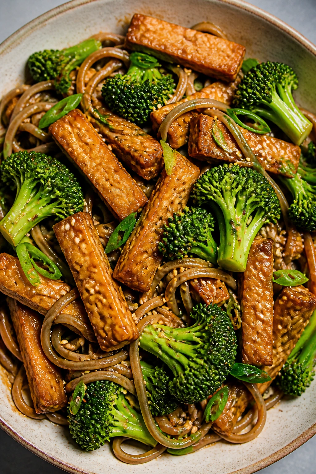 Close-up bowl of sesame tempeh noodles with broccoli