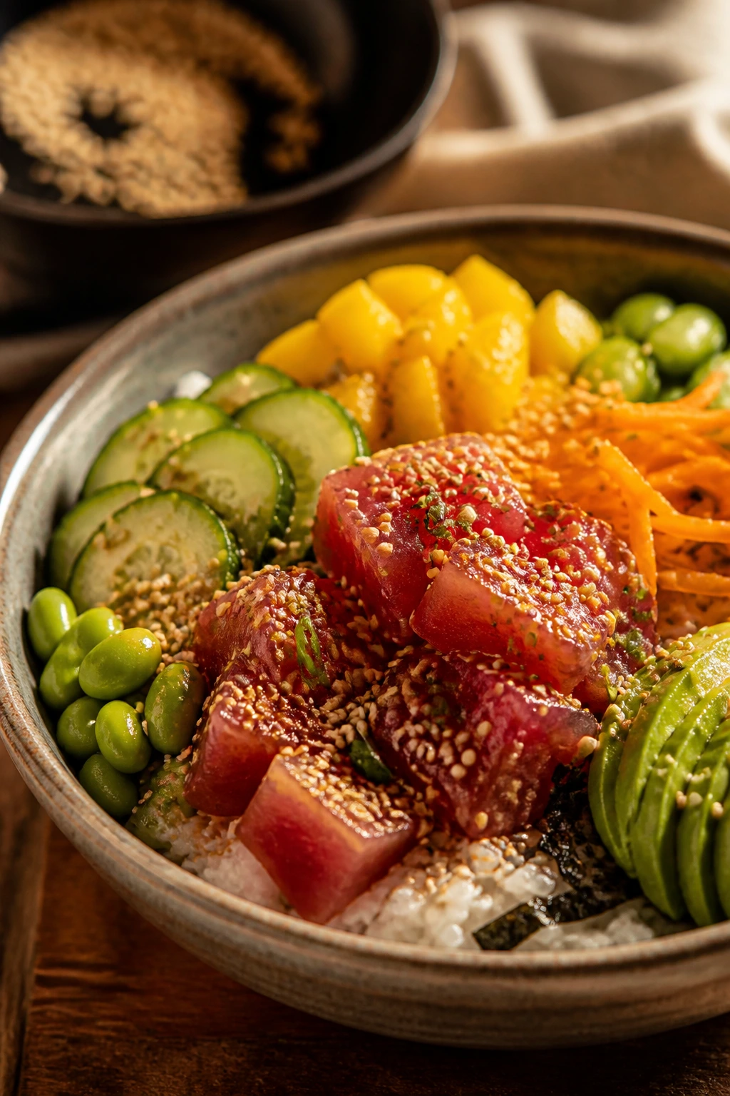 Poke bowl with toasted sesame seeds enhancing aroma in warm kitchen