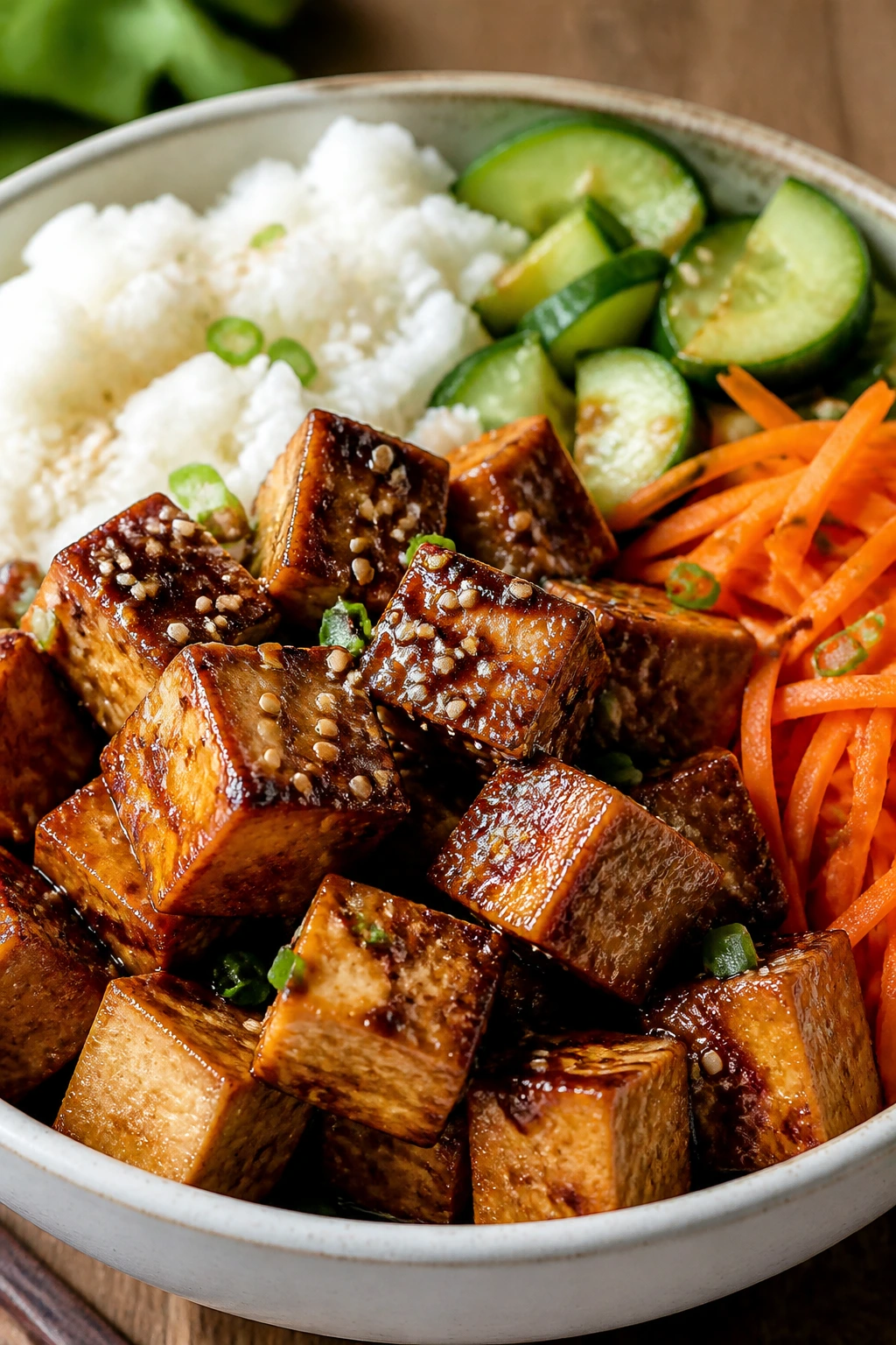 Close-up of sesame-glazed tofu on rice with cucumber and carrot in a bowl