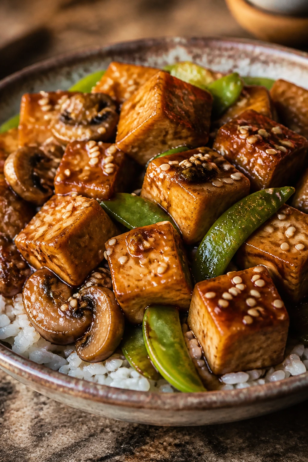 Close-up of sesame tofu cubes with mushrooms and snap peas on a plate