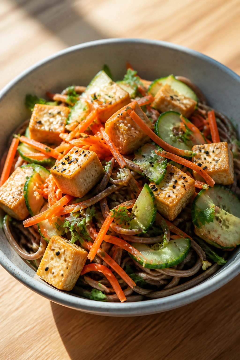 Chilled sesame tofu noodle salad in a bowl with colorful vegetables