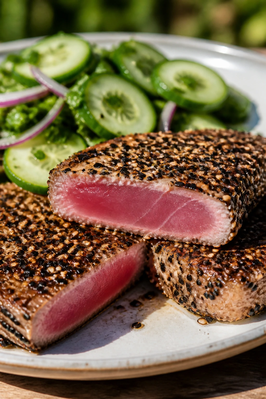 Sesame-crusted tuna steaks with cucumber salad
