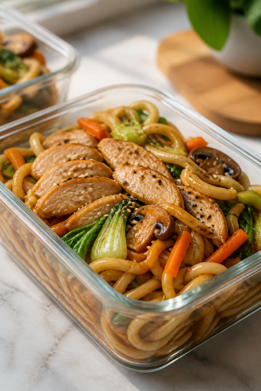 Close-up of sesame chicken udon box with vegetables