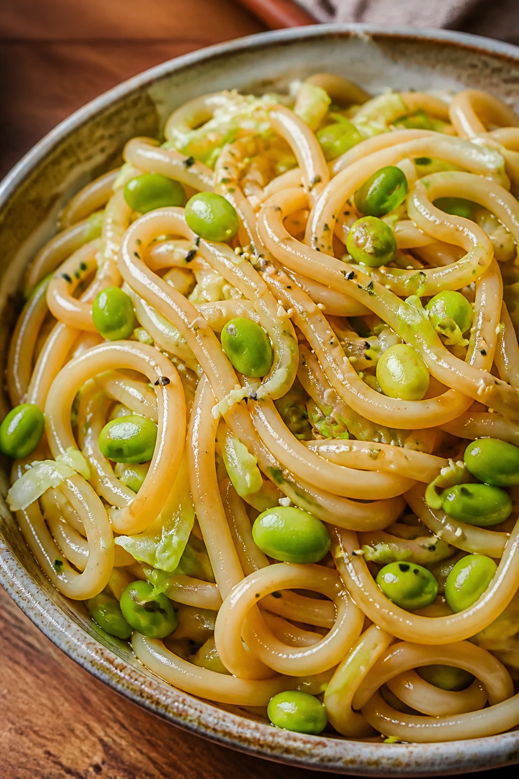 Close-up of sesame udon with edamame in a rustic kitchen setting