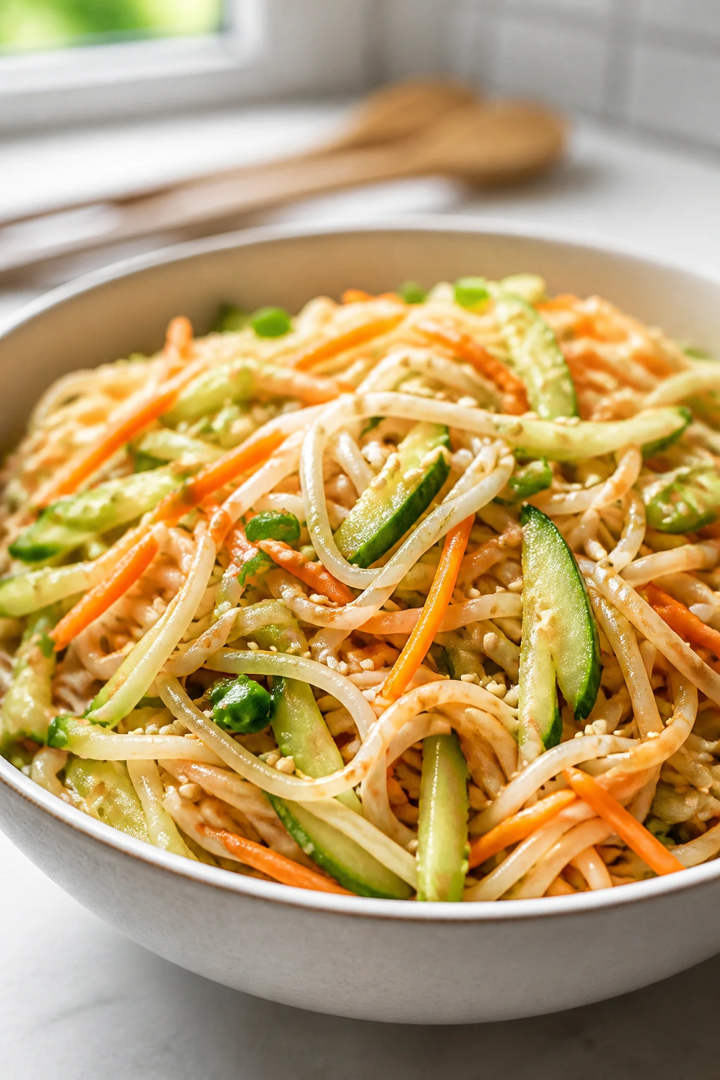 Close-up of sesame veggie noodle salad in a bowl