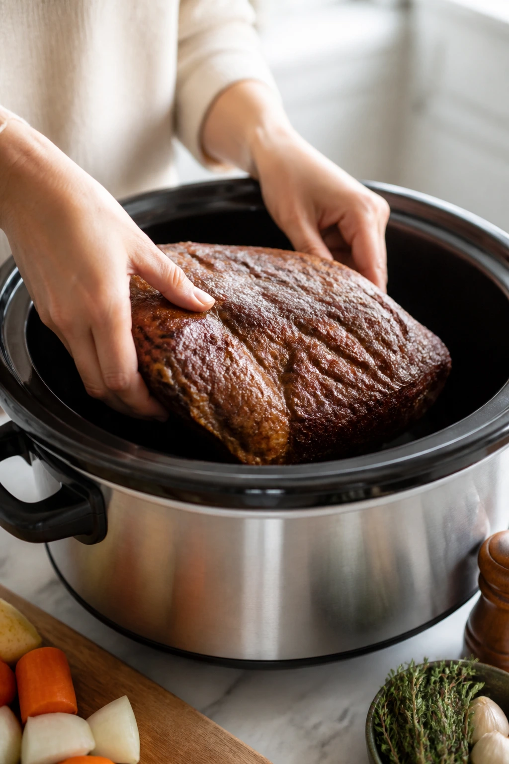 Hands placing roast into slow cooker in a bright kitchen