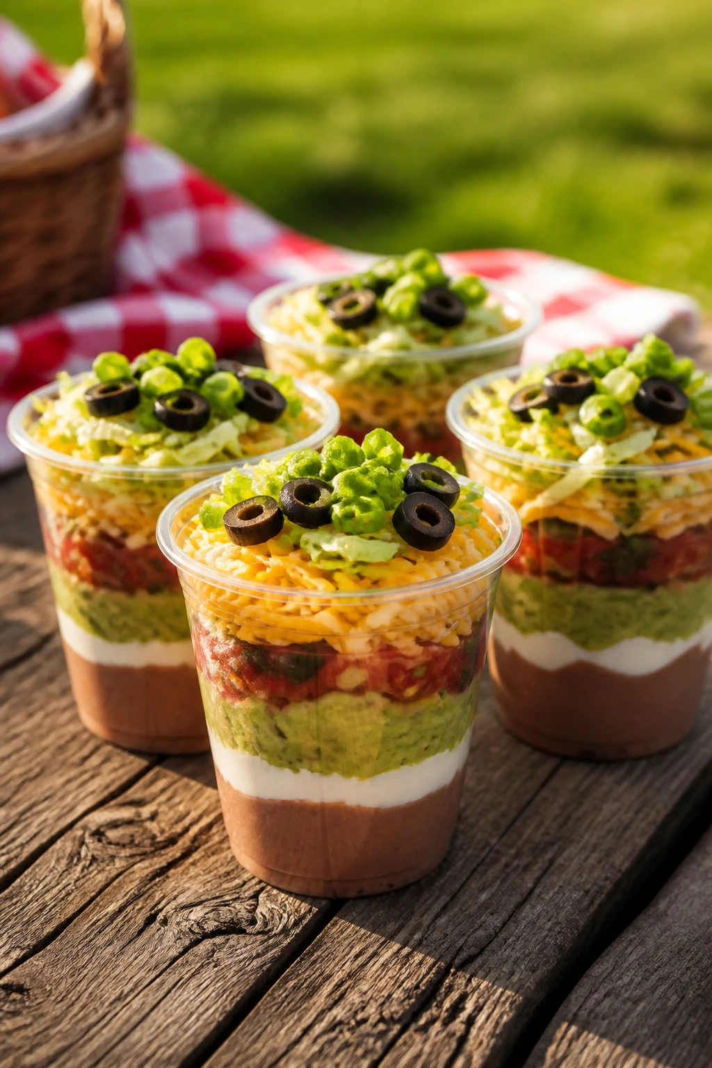 Close-up of seven-layer dip cups on a wooden picnic table outdoors