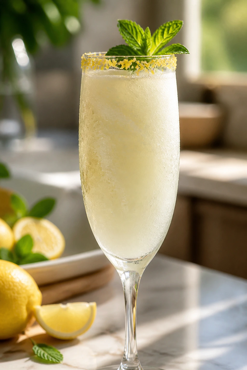 Sgroppino in a flute with sorbet and prosecco, mint garnish
