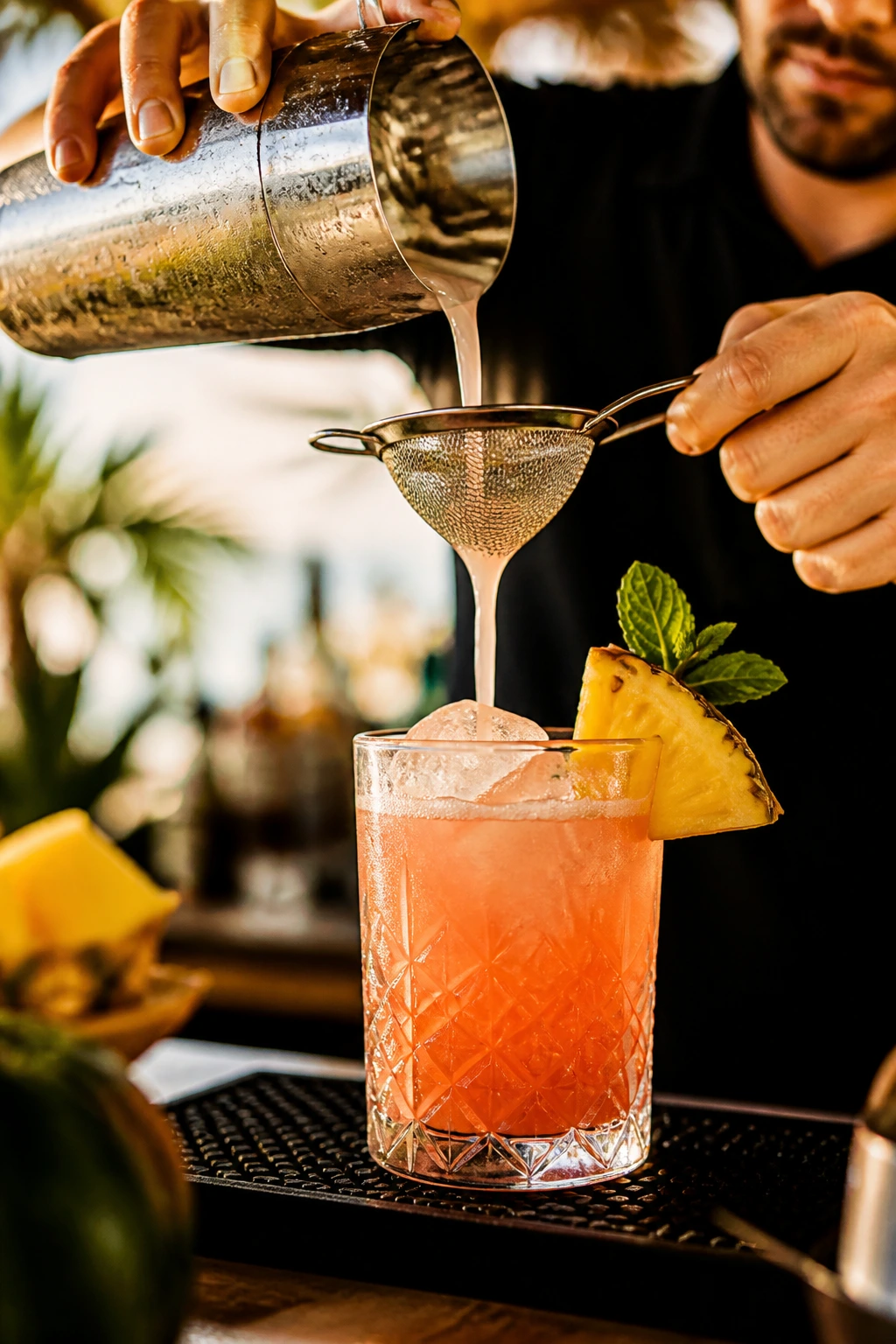 Shaker in action pouring cocktail into glass with garnish