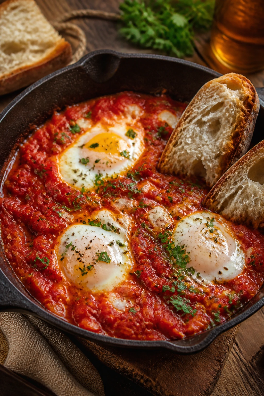 Close-up of Shakshuka with Bread showing eggs in tomato sauce with bread.