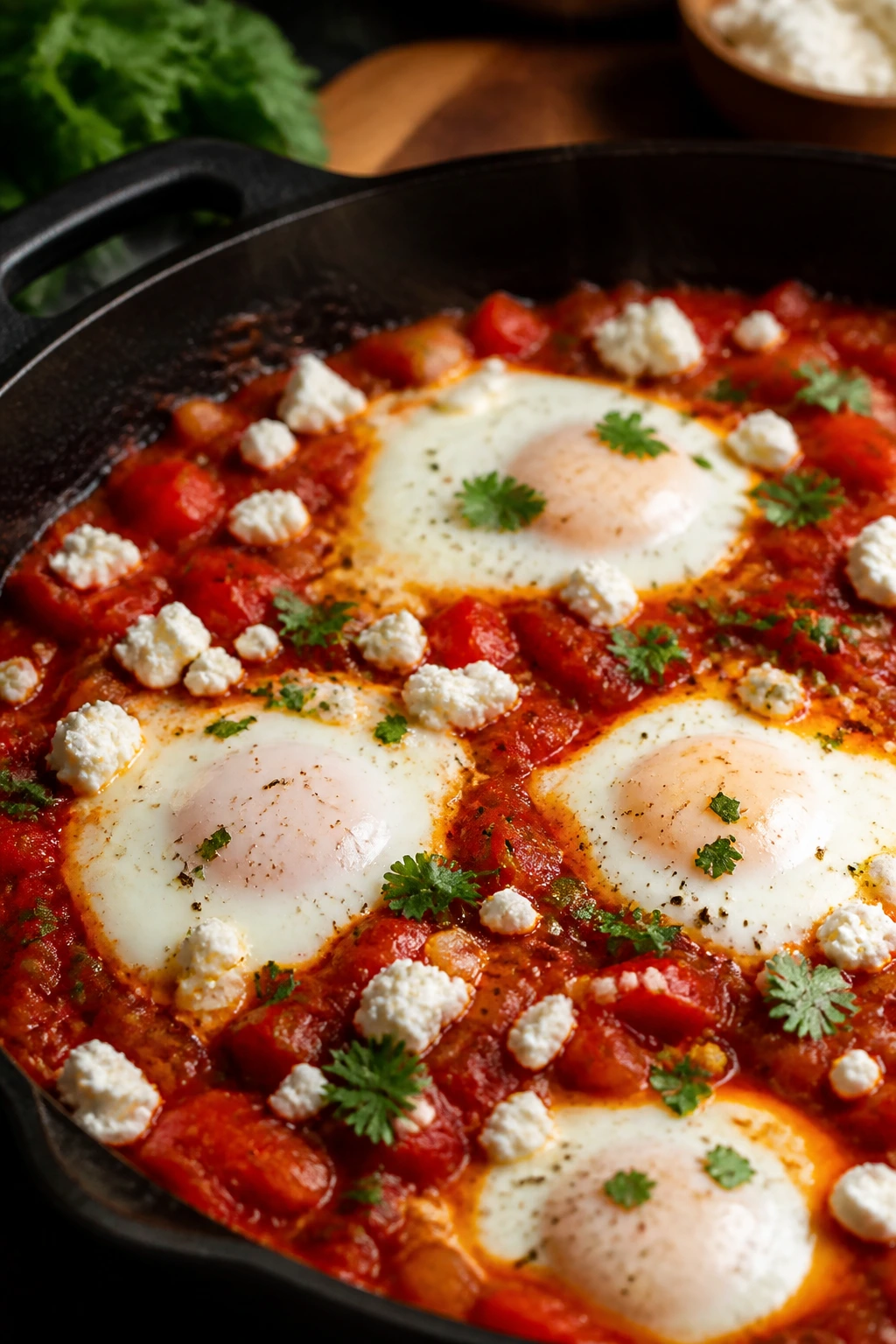 Shakshuka in a skillet with eggs and feta.