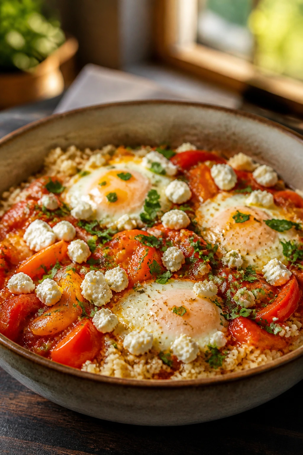 Close-up Shakshuka Breakfast-for-Dinner Bowl with eggs, tomato sauce, feta, and parsley
