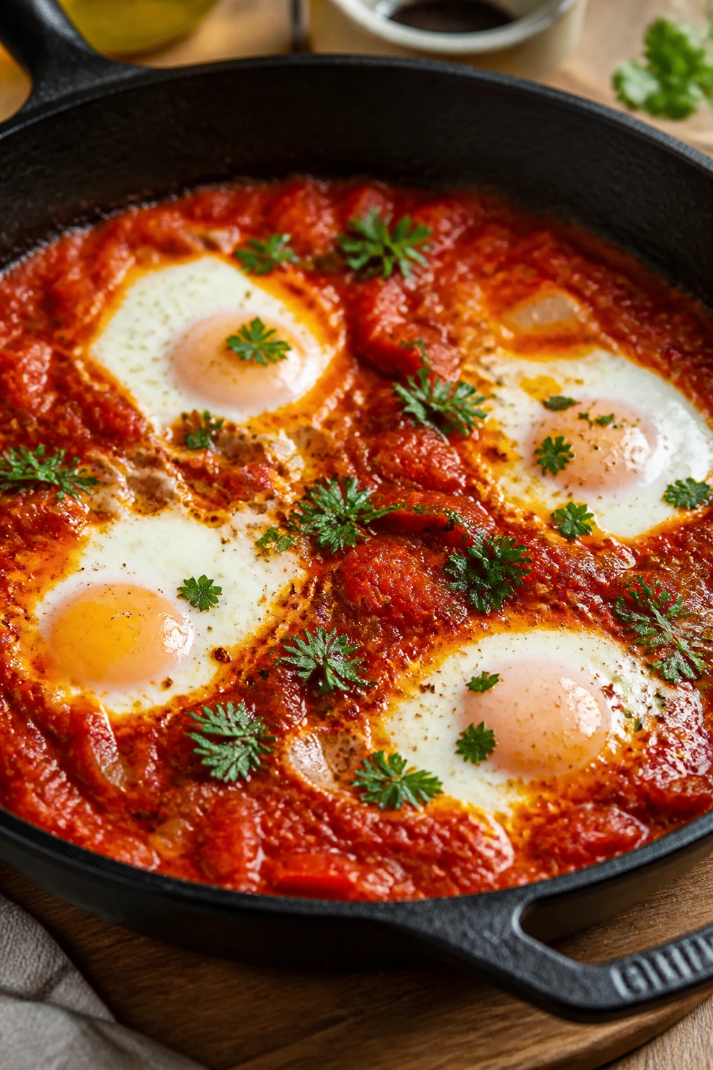 Close-up shakshuka in a cast-iron skillet with poached eggs in tomato sauce on a wooden counter