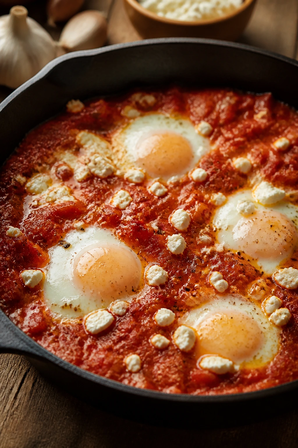 Close-up shakshuka with canned tomatoes, eggs poached, feta topping