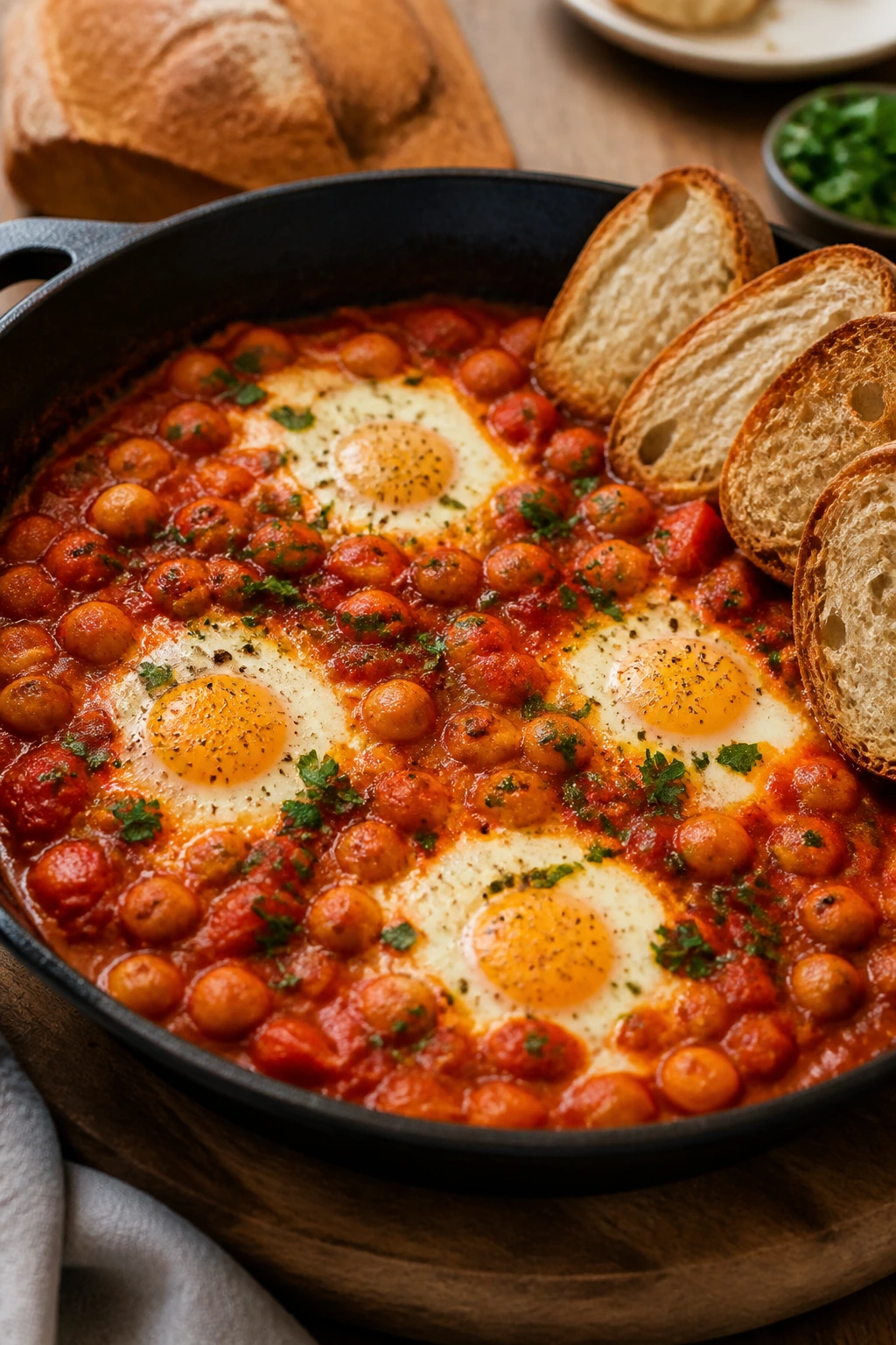 Skillet shakshuka with eggs and chickpeas with bread on a wooden table