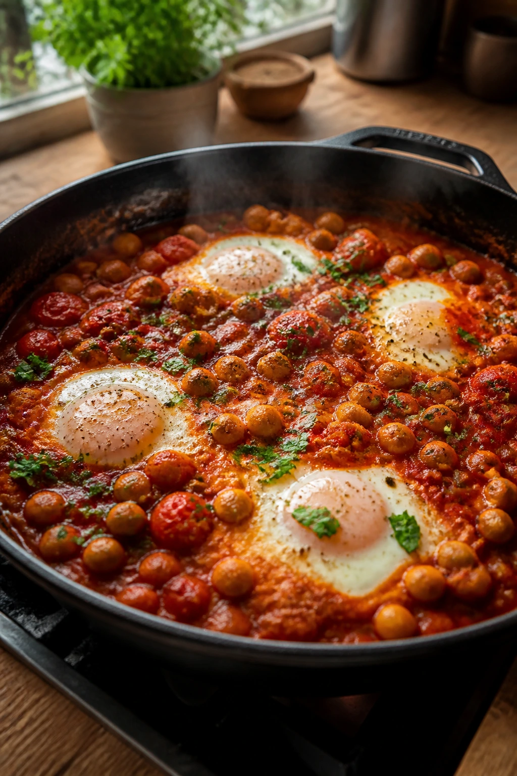 Close-up of shakshuka with chickpeas in a skillet with eggs in tomato sauce