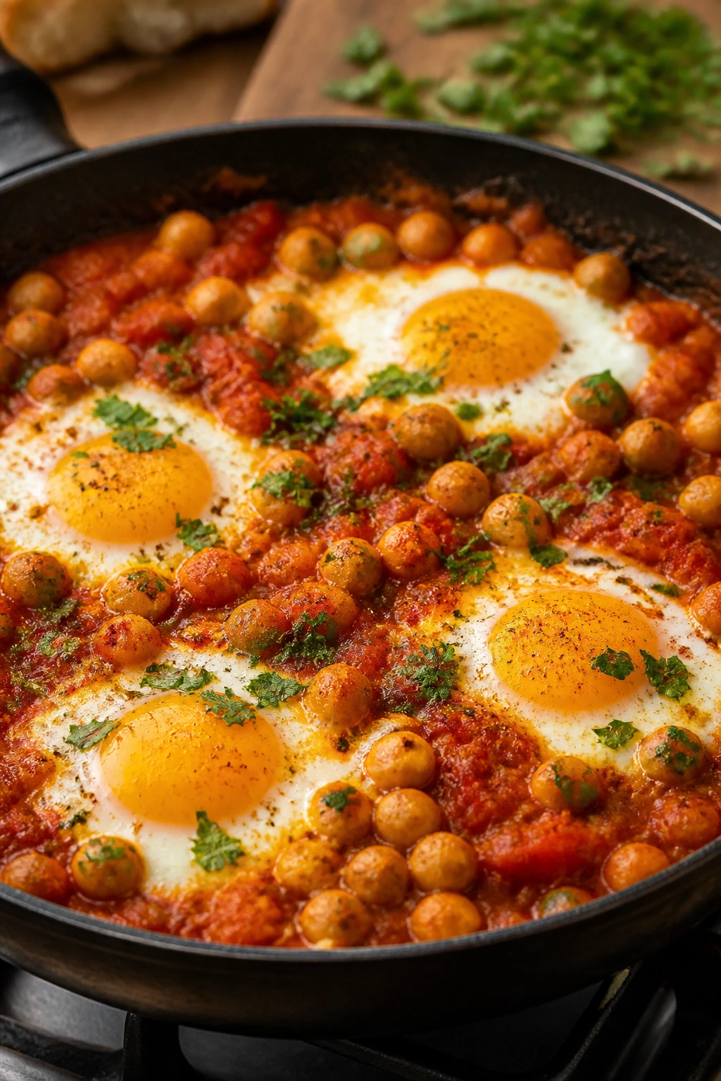 Skillet shakshuka with eggs poached in tomato-chickpea sauce.