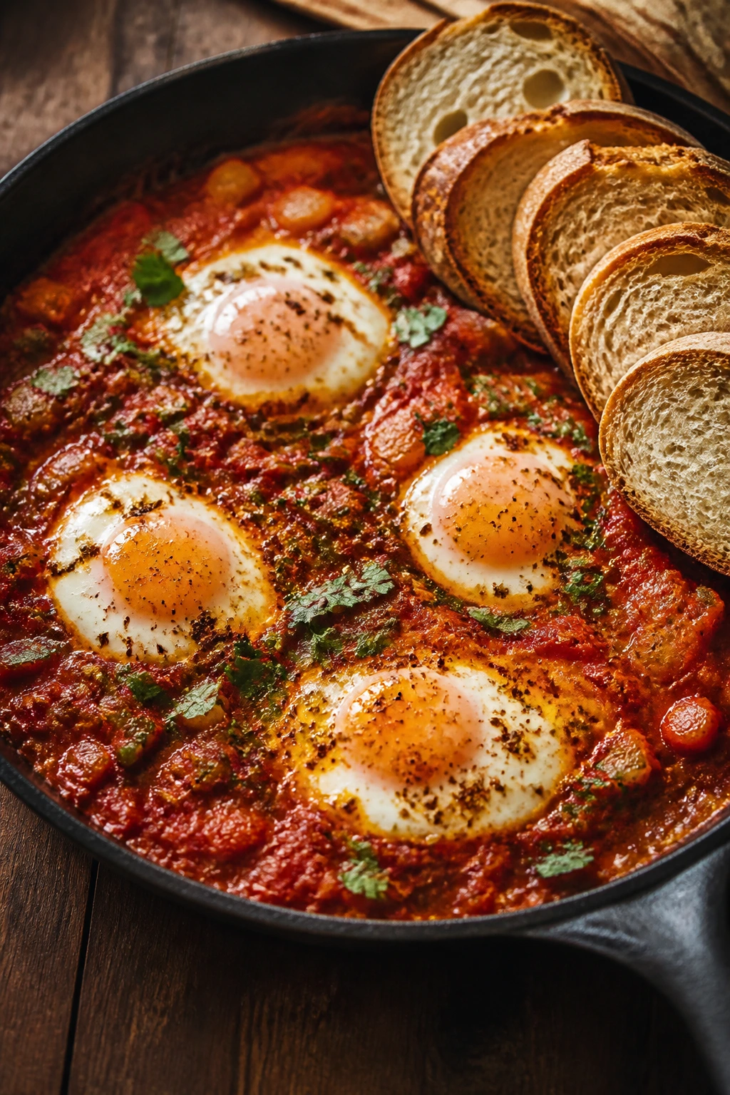 Skillet of shakshuka with bread on a wooden table