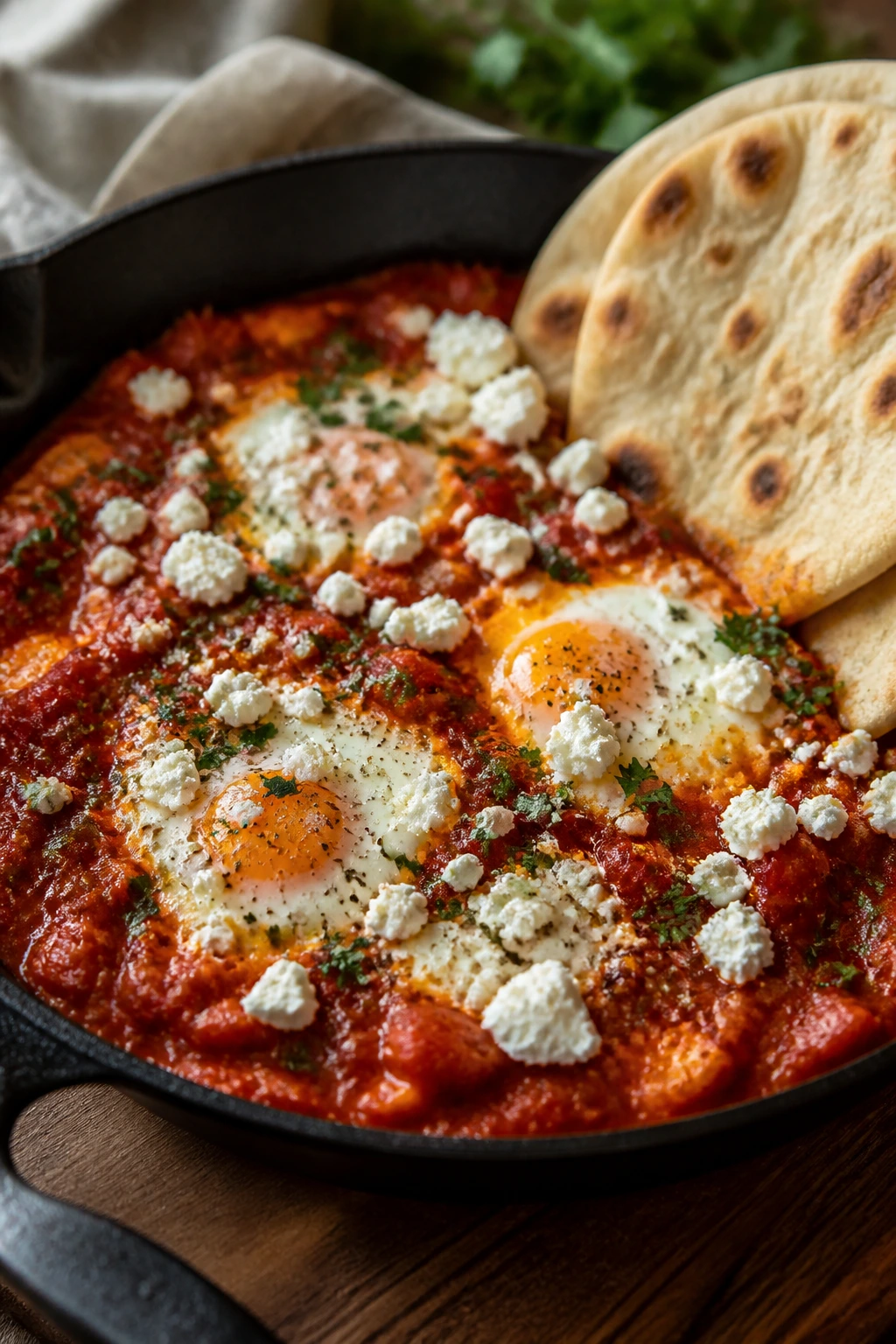 Eggs poached in shakshuka with feta, served with pita