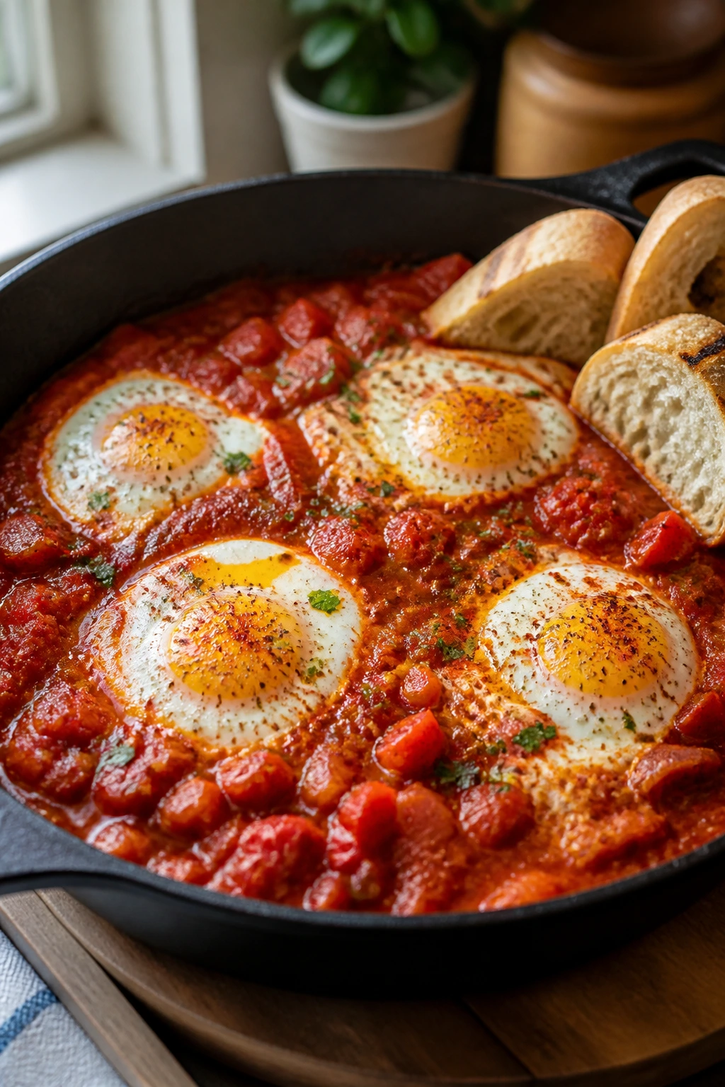 Close-up of shakshuka eggs in tomato sauce in a skillet with bread on the edge
