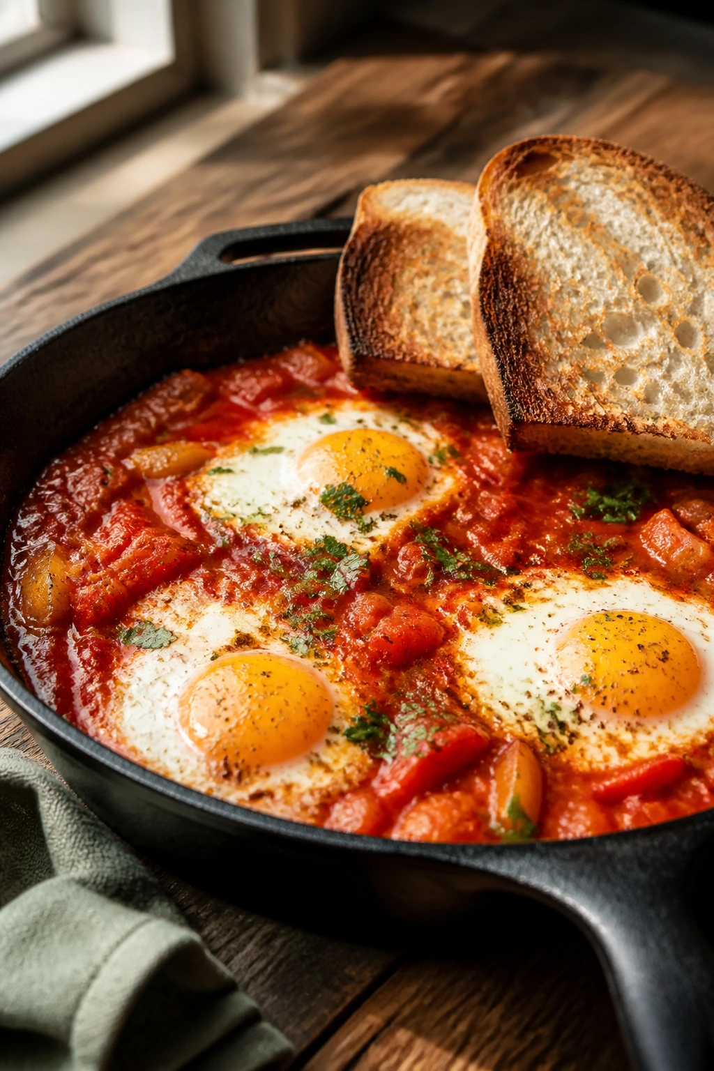 Close-up shakshuka in cast-iron skillet with eggs and toast in a sunlit kitchen