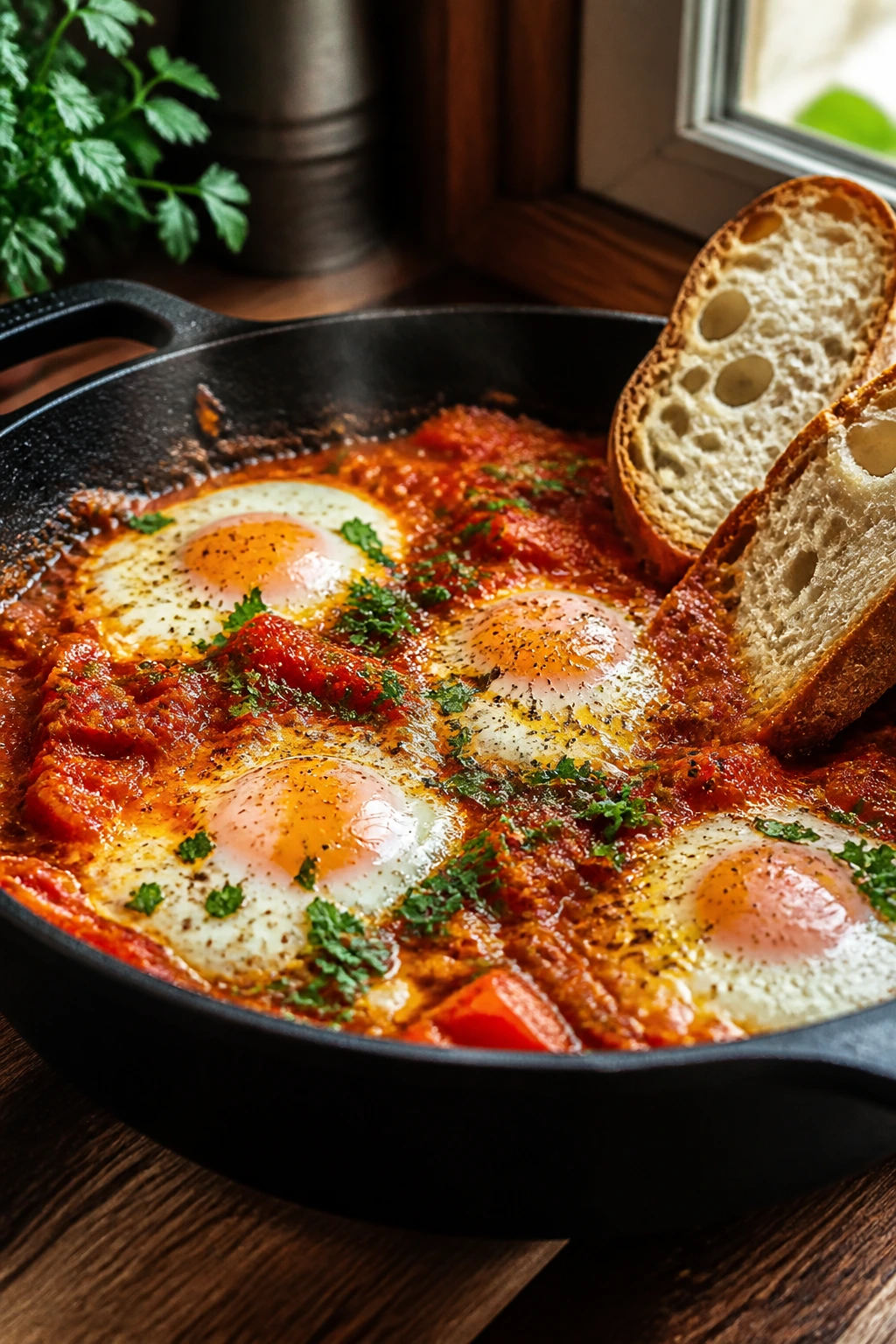 Close-up of shakshuka with bread on the edge