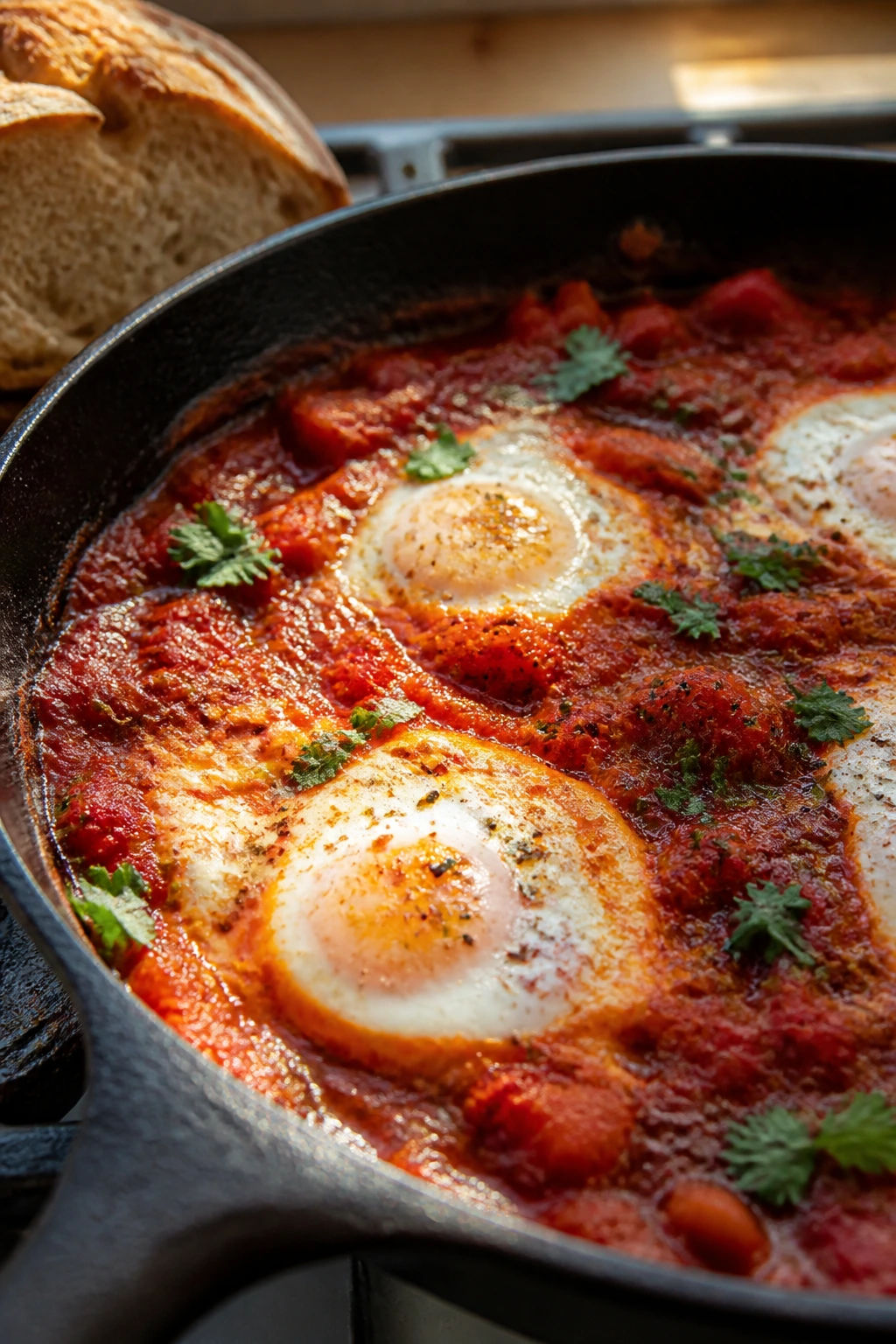 Close-up shakshuka eggs in tomato sauce in a skillet