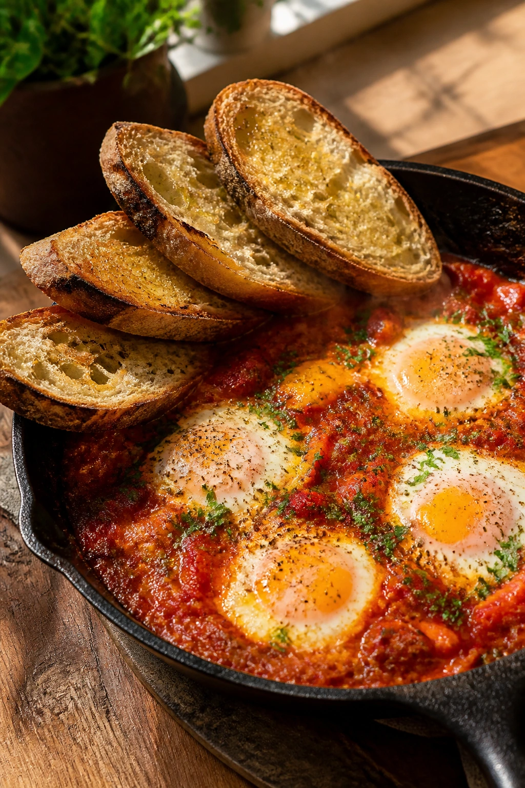 Close-up shakshuka with eggs in tomato sauce and toast
