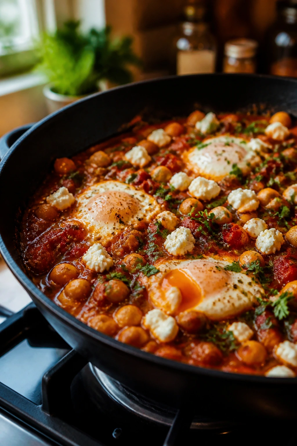 Skillet shakshuka with feta and chickpeas in a warm kitchen