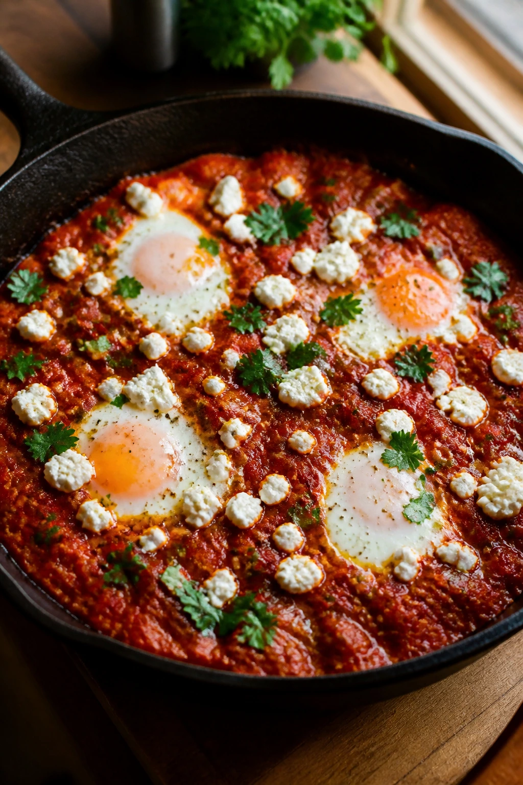 Close-up shakshuka with feta: eggs poached in tomato sauce with feta crumble.