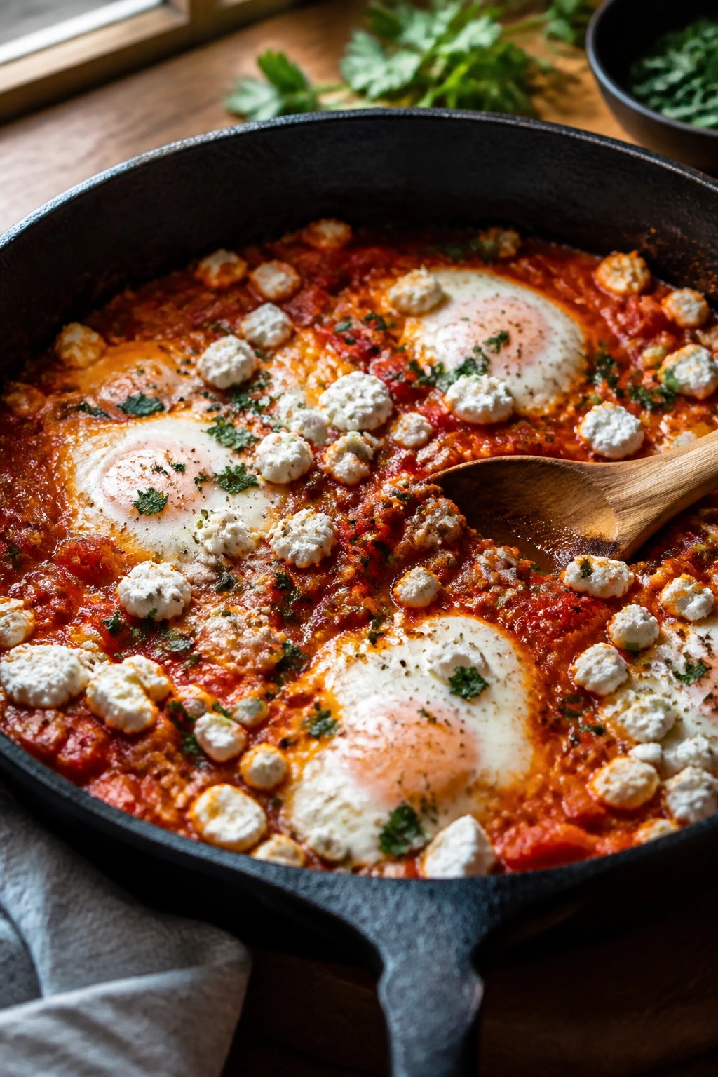 Close-up of shakshuka with feta in a cast-iron skillet