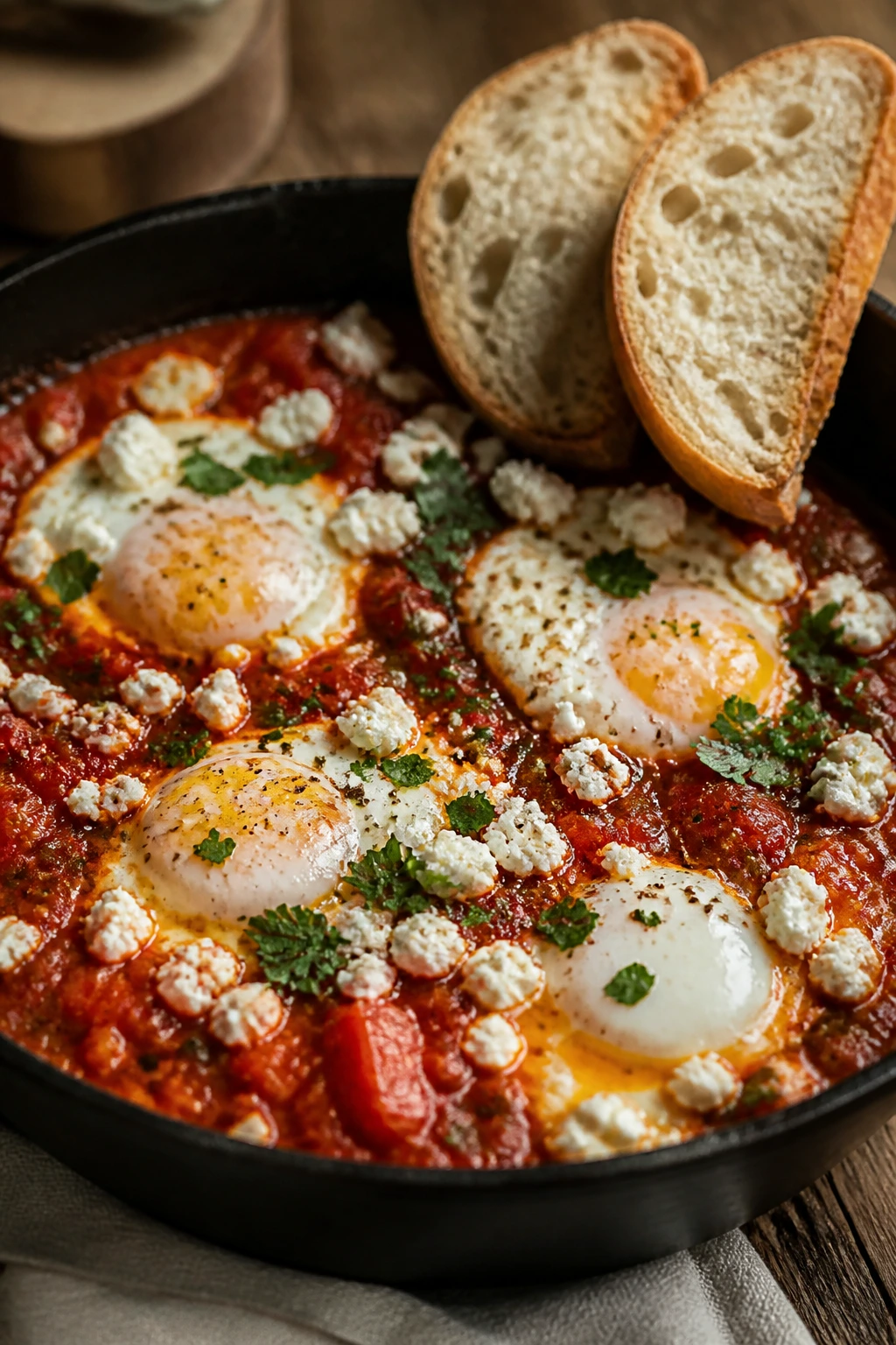 Shakshuka in skillet with eggs and feta, crusty bread nearby