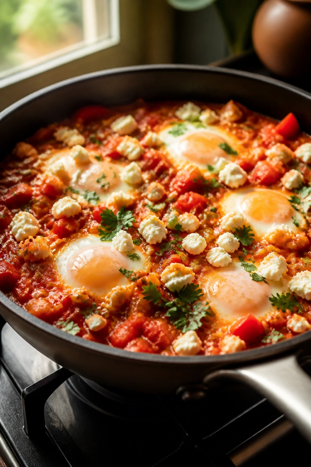 Close-up of shakshuka with feta in a skillet, eggs poached in tomato-pepper sauce with feta