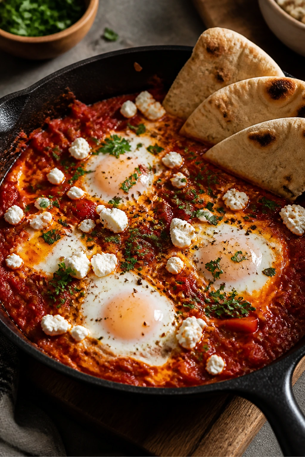 Shakshuka in a skillet with eggs and feta
