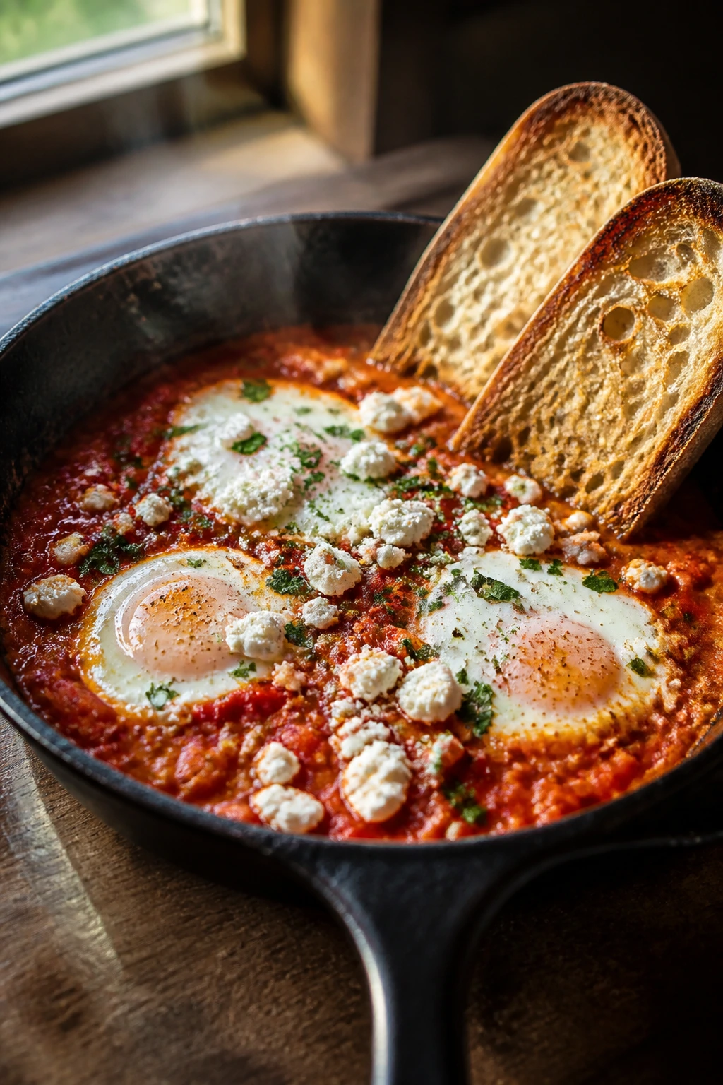Close-up of shakshuka with feta and toast in a skillet