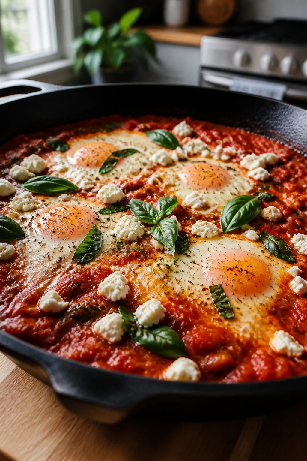 Close-up of shakshuka in a skillet with eggs, feta, and basil in a warm apartment kitchen