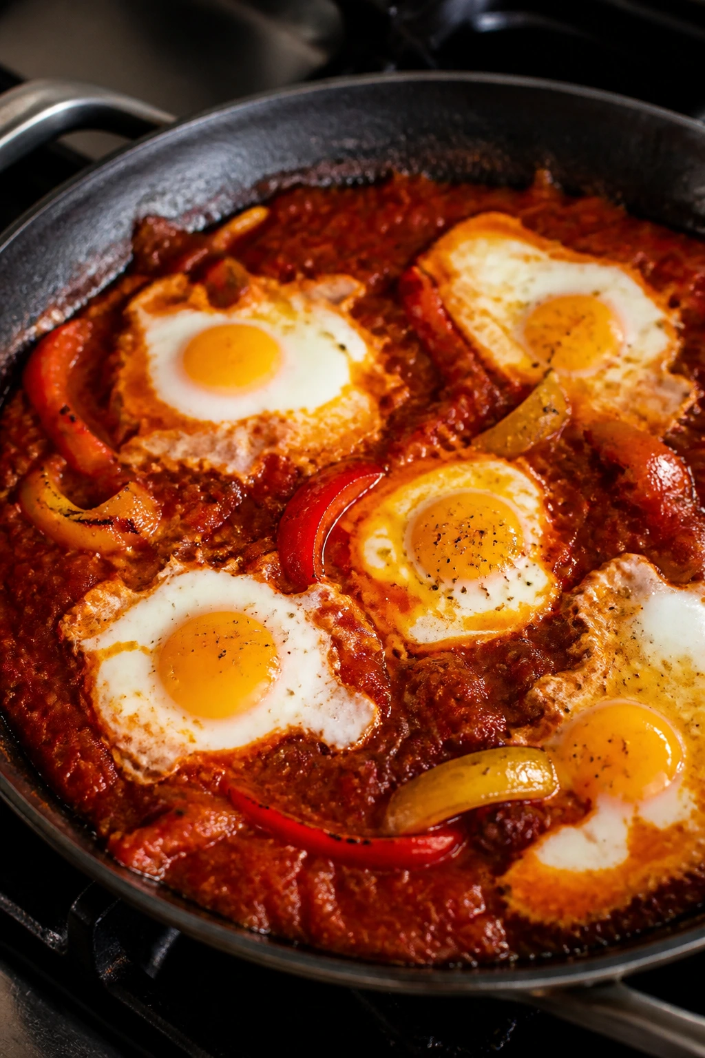 Shakshuka in a skillet with poached eggs in tomato sauce