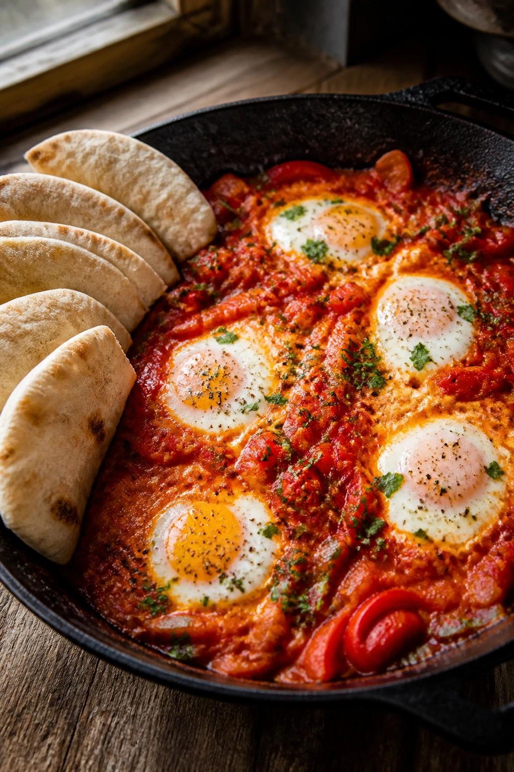 Shakshuka in skillet with eggs and pita on rustic counter